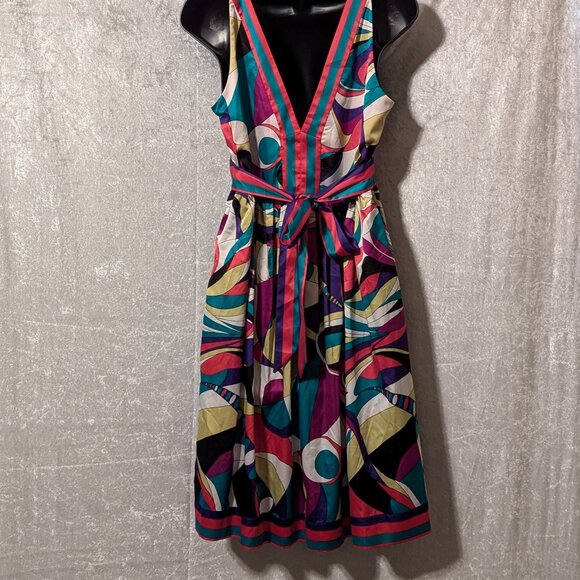 ECI NEW YORK Silk Colorful V Neck Dress Waist Tie Ruching Waist Size 10 - Picture 6 of 9